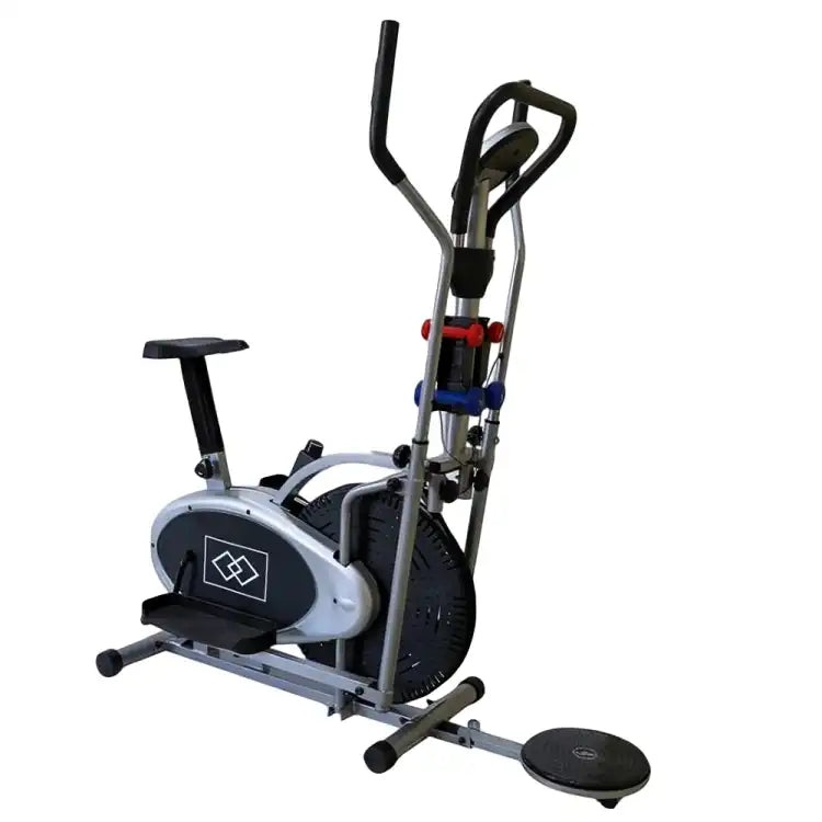 Orbitrek exercise bike with dumbbells and rotating disc