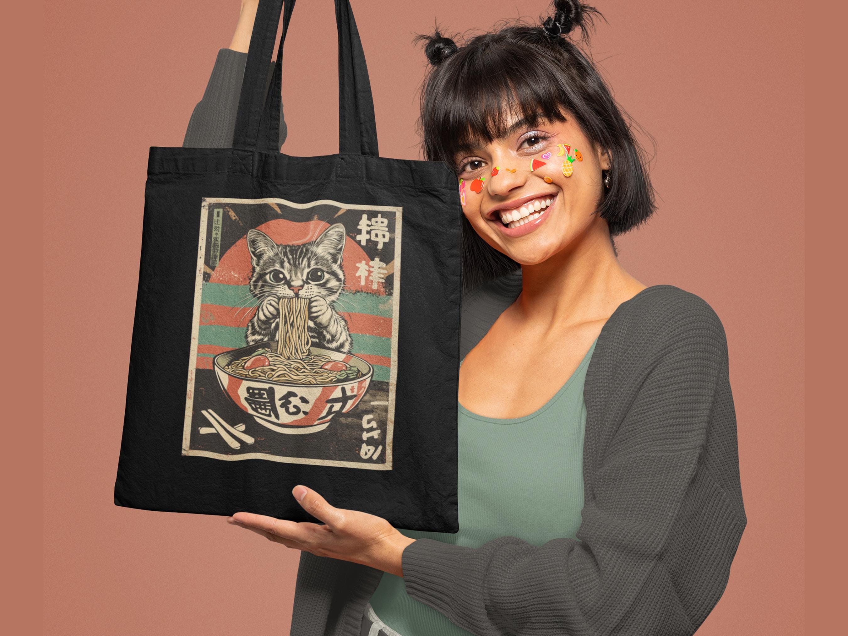 Organic cotton tote bag with Ramen Cat graphic