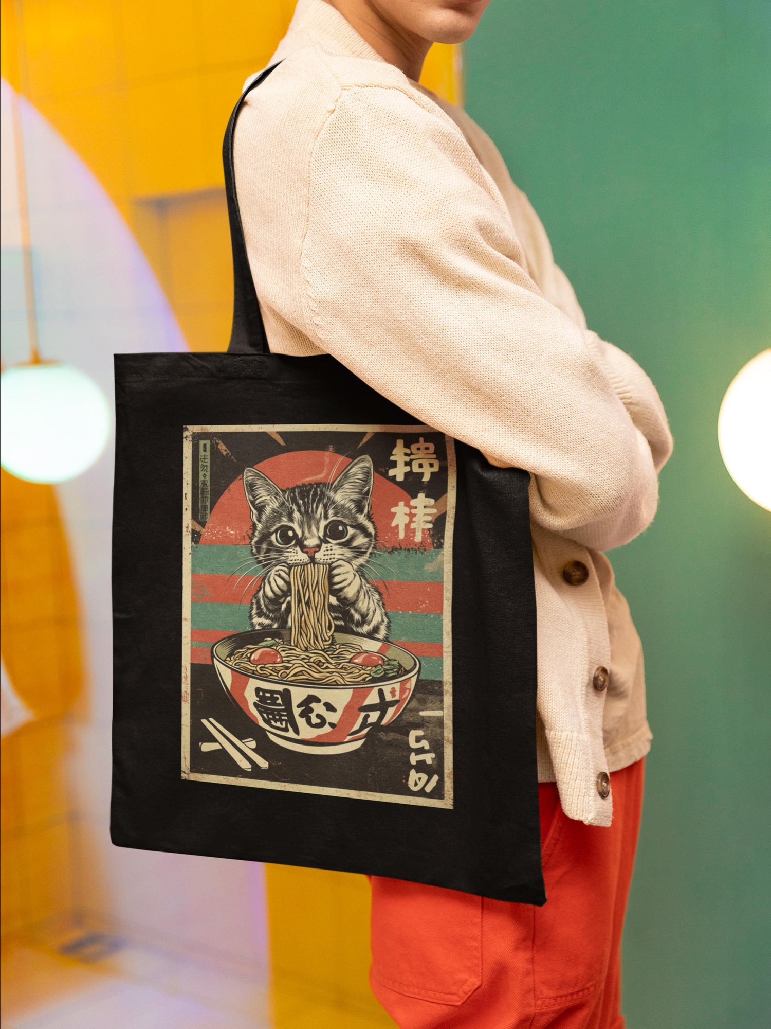 Organic cotton tote bag with Ramen Cat graphic