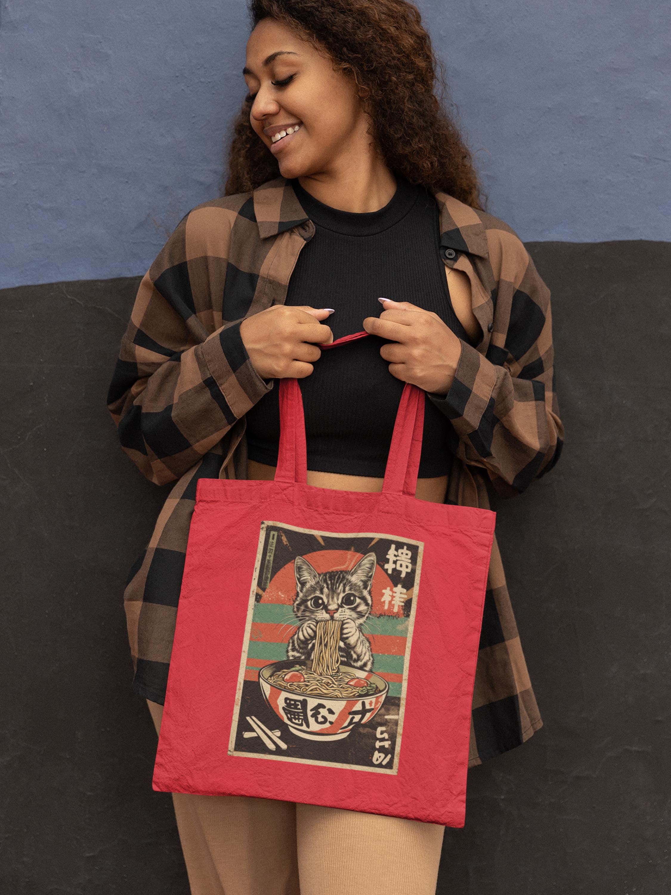 Organic cotton tote bag with Ramen Cat graphic